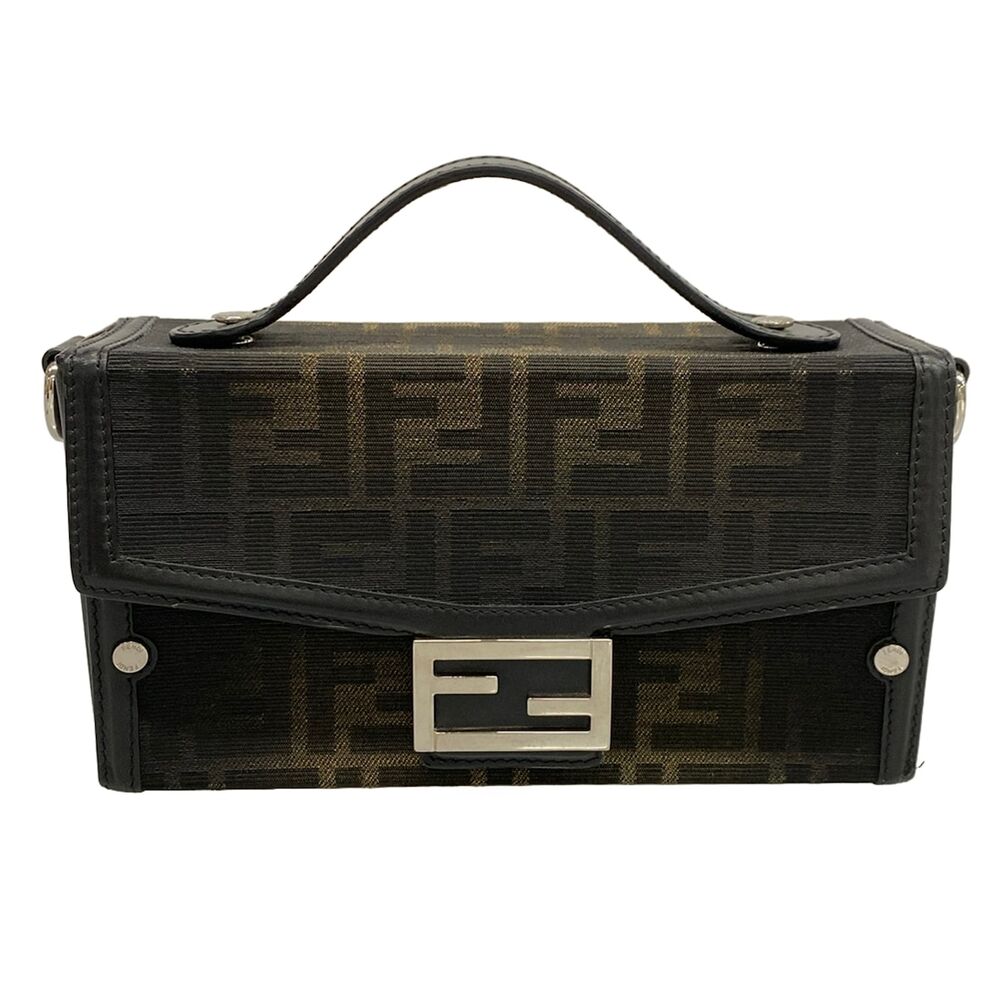 Fendi Baguette Soft Trunk / Zucca Print Handbag 7VA565 Black Dark Brown